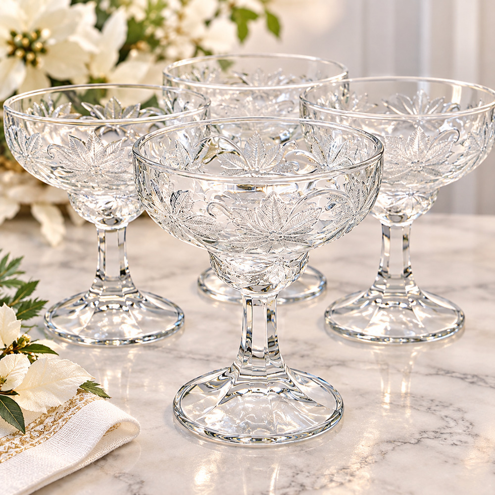 Princess House Fantasia Crystal Margarita Glasses Set of 4 Poinsettia #514